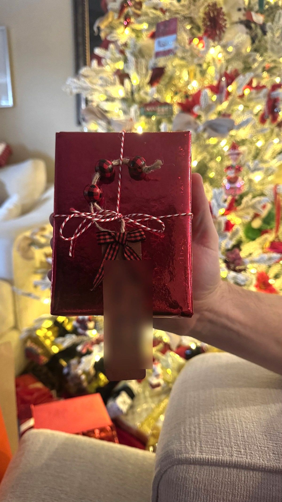 Present in shiny red paper tied with red-and-white baker’s twine, jingle bells and a plaid bow
