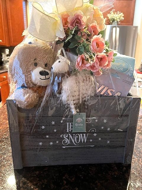 Teddy bear and plush llama with pink roses in a gray 'Let It Snow' crate, wrapped in cellophane with a cream bow